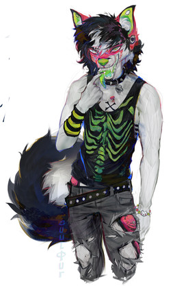 alternative_fashion anthro belt black_clothing black_hair black_shirt black_tank_top black_topwear bottomwear clothing collar denim denim_bottomwear denim_clothing drugs ear_piercing fangs finger_in_mouth gauged_ear green_clothing green_eyes green_shirt green_tank_top green_tongue green_topwear hair jeans looking_at_viewer lsd male male_anthro multicolored_clothing open_mouth pants piercing pink_body scene_haircut shirt simple_background solo tank_top teeth tongue tongue_out topwear torn_bottomwear torn_clothing torn_jeans torn_pants white_background white_body suulfur canid canine fox mammal absurd_res hi_res