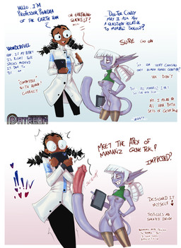 4_ears black_bottomwear black_clothing black_pants blue_body blue_skin blush bottomwear breasts clothed clothing coat dark_body dark_skin dialogue duo erection eyewear female genitals glans glasses hair heart_symbol herm humanoid_genitalia humanoid_penis internal_testicles intersex lab_coat legwear long_ears midriff multi_ear navel nipple_piercing nipples open_mouth pants penis piercing pigtails pointy_ears pubes red_eyes retractable_penis sharp_teeth small_breasts smile stockings surprised sweater tablet_computer tail tail_genitals tail_penis teeth text topwear turtleneck unusual_anatomy unusual_genitalia_placement unusual_penis_placement unusual_tail white_hair darkminou cindy_(darkminou) alien humanoid mamariz comic english_text hi_res