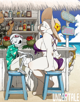accessory alcohol anthro bar beach beard beverage big_breasts blonde_hair blush bodily_fluids bone bottomwear breasts brown_body brown_fur cigarette clothing coconut crying drupe_(fruit) eyewear eyewear_on_head facial_hair female flower flower_in_hair food fruit fur furniture group hair hair_accessory hat headgear headwear heart_symbol horn liquor long_ears looking_at_viewer male mature_anthro mature_female one_eye_closed outside plant sand sea seaside shirt shorts sign sitting skeleton smoking stool sunglasses sunglasses_on_head swimwear tears text topwear water white_body white_fur wink winking_at_viewer kamezaemon zaemon undertale undertale_(series) asgore_dreemurr burgerpants sans_(undertale) toriel bovid caprine goat mammal hi_res
