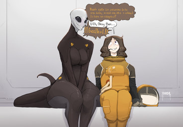 big_eyes brown_hair clothing dialogue duo female hair herm intersex intersex/female language_barrier larger_intersex long_hair size_difference slim space spacecraft spacesuit tall tight_clothing vehicle devianthorde alien alien_humanoid human humanoid mammal hi_res