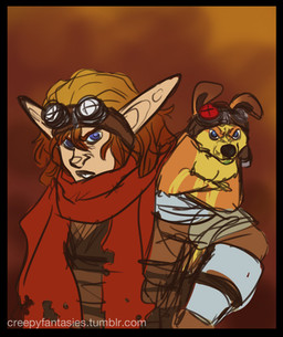 alternate_species alternate_universe black_border blue_eyes border duo eyewear feral goggles grumpy hair male pose red_hair scarf creep_(artist) jak_and_daxter naughty_dog sony_corporation sony_interactive_entertainment daxter jak_(jak_and_daxter) humanoid mammal mustelid ottsel digital_media_(artwork)