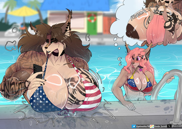 american_flag_bikini anthro areola biceps big_breasts bikini blush blush_lines breast_size_difference breast_squish breasts brown_body brown_fur brown_hair chest_tattoo choker clothing dark_nipples deltoids dominant dream excited_face eyelashes female female/female flag_bikini flag_swimwear forearm_muscles fur hair huge_breasts hyper hyper_breasts jewelry larger_dom larger_female long_eyelashes looking_at_breasts looking_at_viewer muscular muscular_anthro muscular_female necklace nipple_dip piercing pink_hair purple_eyes size_difference squish strong_female strong_hands swimming_pool swimwear tan_body tan_fur tattoo triceps two-piece_swimsuit venezuela_flag_bikini ventral_groove wet xander_savin69 cassandra_kestis myra_grace felid feline lynx mammal absurd_res hi_res