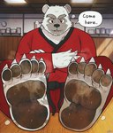 anthro barefoot bodily_fluids clothed clothing crossed_arms detailed_background dialogue dirty dirty_feet feet foot_focus fur inside looking_at_viewer male musk smelly smelly_feet solo speech_bubble sweat text white_body white_fur titi_k bear mammal english_text hi_res