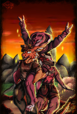 anthro bone bone_mask clothing dragon_tail fur group happy living_tail male male/male mask mountain orange_body orange_fur pink_body skull skull_head skull_mask snake_tail sunset tail trio unusual_anatomy unusual_tail mythology dragon mythological_creature mythological_scalie reptile scalie skulldog_(species) snake