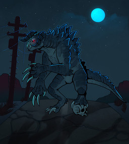 ambiguous_gender blue_moon bone clawed_hands claws dark feral horn moon night outside power_lines red_eyes road scales sharp_teeth skull sky solo spikes spikes_(anatomy) standing tail teeth toe_claws utility_pole han_(artist) fallout microsoft deathclaw scalie english_description hi_res restricted_palette