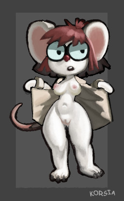 angry anthro big_ears breasts clothed clothing coat eyewear featureless_hands female fur glasses hair half-closed_eyes lab_coat narrowed_eyes navel nipples nude open_mouth presenting red_nose simple_background solo standing tail teeth thick_thighs topwear wearing_glasses white_body white_fur korsia nickelodeon the_loud_house lisa_loud mammal mouse murid murine rodent digital_media_(artwork)