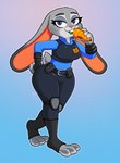 anthro big_ears breasts buckteeth carrot carrot_pen clothed clothing ears_down female flirting food fully_clothed fur grey_body grey_fur hand_on_hip pivoted_ears plant police police_badge police_officer police_uniform purple_eyes scut_tail short_tail solo tail teeth uniform vegetable wide_hips roboticsteve disney zootopia judy_hopps european_rabbit lagomorph leporid mammal oryctolagus rabbit 2025 absurd_res hi_res signature