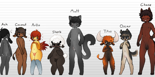 anthro balls bicolor_fur black_ears black_eyes black_hair black_horn blue_eyes blush brown_body brown_fur chart eye_scar eyes_closed facial_scar femboy floppy_ears fur genitals grey_body grey_fur grey_legs group hair height_chart horn long_tail looking_at_viewer lop_ears male markings mouth_closed nipples nude open_mouth orange_hair penis red_hair scar size_difference small_penis spots spotted_body spotted_fur tail text thick_thighs white_hair white_horn white_tail yellow_body lonely_cri avian bird bovid bovine canid canine canis caprine cattle chicken domestic_cat domestic_dog equid equine felid feline felis galliform horse lagomorph leporid mammal phasianid rabbit sheep absurd_res character_name english_text hi_res
