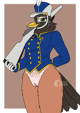 anthro bottomless bottomless_female clothed clothing female formal_wear genitals gloves gun hand_behind_back handwear hat headgear headwear marching_band_uniform practice_weapon ranged_weapon rifle solo vulva weapon weapon_on_shoulder fish_birb robin_(fish_birb) american_robin avian bird oscine passerine robin_(bird) thrush_(bird) true_thrush absurd_res hi_res