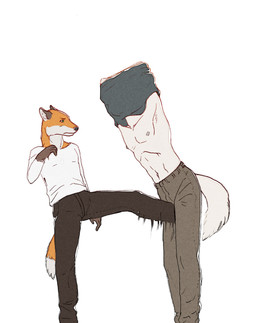 anthro attack ballbusting clothed clothing cock_and_ball_torture crotch_attack crotch_kick duo fight genital_torture kick low_blow male nipples simple_background topless white_background 9x9 arctic_fox canid canine fox mammal red_fox true_fox hi_res