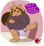 anthro briefs brown_body brown_fur bulge clothing fur hoodie hoodie/briefs_meme male overweight overweight_anthro overweight_male solo text topwear underwear el_booki booki_(character) canid canine mammal raccoon_dog tanuki 2020 english_text hi_res