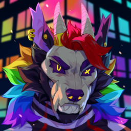 anthro black_body black_fur bone building detailed_background fangs front_view fur grin hair horn looking_at_viewer male male_anthro multicolored_hair outside purple_sclera rainbow_hair skull skull_head smile solo teeth unusual_eyes white_horn yellow_eyes corzh77 canid canine mammal 1:1 bust_portrait detailed hi_res portrait