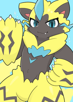 4_fingers anthro blue_eyes cheek_tuft claws cute_fangs facial_tuft fangs fingers fur grey_body grey_nose kemono looking_at_viewer male navel nude pose pupils slit_pupils smile solo teeth tuft yellow_body yellow_fur mujimuji1010 nintendo pokemon generation_7_pokemon legendary_pokemon pokemon_(species) zeraora absurd_res cel_shading colored digital_drawing_(artwork) digital_media_(artwork) hi_res shaded