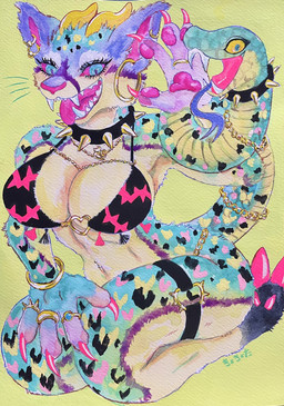 2_heads anthro big_breasts bikini black_collar blue_body blue_eyes blue_fur blue_tongue bra bracelet breasts chain claws clothed clothing cloven_hooves collar ear_piercing ear_ring fangs female forked_tongue fur hooves horn jewelry living_tail markings multi_head navel open_mouth pawpads paws piercing pink_claws pink_hooves pink_nose pink_pawpads pink_sclera pink_tongue ring_piercing scales simple_background smile snake_tail solo spiked_collar spikes spots swimwear tail teeth thick_thighs tongue tongue_out two-piece_swimsuit underwear unusual_anatomy unusual_tail kyokyota chimera felid feline mammal pantherine reptile scalie snake 2022 hi_res painting_(artwork) traditional_media_(artwork) traditional_painting_(artwork)