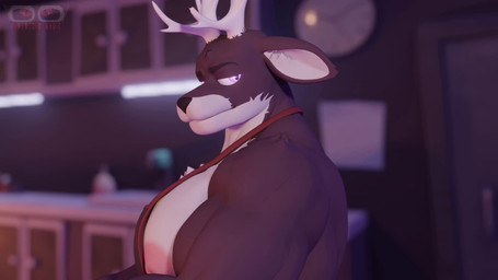 2d_on_3d anthro antlers apron belly big_muscles big_nipples big_pecs blush bodily_fluids clothing dark_body dark_fur dialogue duo ear_piercing ear_ring first_person_view fur horn kitchen looking_up_at_another low-angle_view male male/male male_pov muscular muscular_male music nervous nervous_sweat nipples overweight pecs piercing purple_eyes ring_piercing rumbling_stomach shitpost size_difference sound_effects sweat text_box worm's-eye_view anxiboi reno_(anxiboi) bovid caprine deer demon goat mammal 16:9 3d_(artwork) 3d_animation animated artist_collaboration background_music blender_(artwork) blender_eevee_(artwork) digital_media_(artwork) hi_res meme short_playtime sound video widescreen