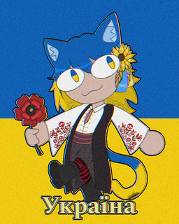 accessory ambiguous_gender blonde_hair blue_background blue_body blue_eyes blue_fur blue_hair blue_inner_ear_fluff boots clothed clothing dress flower flower_in_hair folk_clothes footwear fur hair hair_accessory holding_flower holding_object inner_ear_fluff plant ribbons shoes simple_background solo sunflower text tuft ukraine ukrainian_flag vyshyvanka yellow_background yellow_body yellow_eyes yellow_fur plushguppy tsukihime type-moon neco-arc animal_humanoid cat_humanoid felid felid_humanoid feline feline_humanoid humanoid mammal mammal_humanoid neco_spirit 4:5 cyrillic_text digital_drawing_(artwork) digital_media_(artwork) ukrainian_text
