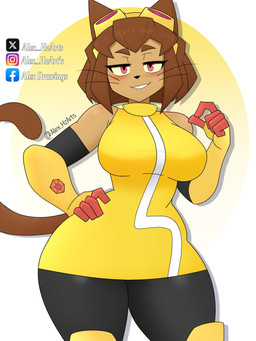 anthro big_breasts breasts brown_body brown_hair clothing eyebrows eyelashes eyewear eyewear_on_head female fingers goggles goggles_on_head hair hand_on_hip looking_at_viewer magenta_eyes smile solo whiskers wide_hips yellow_sclera alex_hzarts gameoverse glitch_productions kit_bodega domestic_cat felid feline felis mammal 2026 3:4 digital_media_(artwork) hi_res