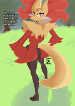3_fingers ambiguous_gender anthro biped black_body black_fur black_hands black_legs butt ear_tuft eyelashes fingers fluffy fluffy_ears fluffy_tail fur grass inner_ear_fluff plant red_arms red_body red_eyes red_fur red_inner_ear_fluff slim solo tail tall text thick_thighs tree tuft white_body white_fur yellow_body yellow_ears yellow_fur yellow_tail gamesfan nintendo pokemon canid canine delphox generation_6_pokemon mammal pokemon_(species) 2022 absurd_res digital_media_(artwork) hi_res watermark