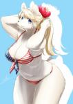 accessory american_flag american_flag_bikini anthro big_breasts bikini blonde_hair blue_background blue_eyes breasts cleavage clothed clothing curvy_figure female flag flag_bikini flag_clothing flag_print flag_swimwear flower flower_in_hair fur hair hair_accessory kemono long_hair looking_at_viewer plant print_bikini print_clothing print_swimwear simple_background solo swimwear two-piece_swimsuit united_states_of_america voluptuous white_body white_fur nakamura bear mammal polar_bear ursine absurd_res hi_res signature