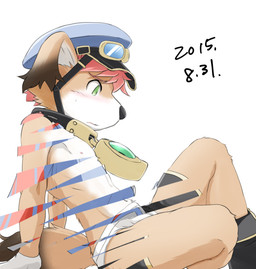 anthro blush clothing collar embarrassed footwear gloves green_eyes hair hand_on_ground handwear headgear headwear looking_at_self male navel nipples open_mouth red_hair simple_background sitting solo tail underwear whistle_(object) white_background young young_male chirasgi cyberconnect2 little_tail_bronx mamoru-kun_(series) mamoru-kun canid canine caninu canis domestic_dog mammal 2015 dated