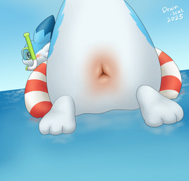 3_toes ambiguous_gender anus anus_focus blue_body blue_fur blush eyewear feet feral fur goggles looking_at_viewer looking_back looking_back_at_viewer multicolored_body pink_anus sea sky solo swim_ring swimming swimming_goggles toes two_tone_body water white_body white_fur y_anus drain_scat palworld pocketpair chillet pal_(species) absurd_res hi_res