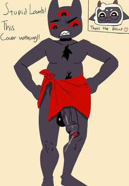 anthro big_penis clothing duo genitals ineffective_clothing male penis shy text len9761 cult_of_the_lamb massive_monster_(studio) lamb_(cult_of_the_lamb) the_one_who_waits animal_humanoid bovid caprine cat_humanoid felid felid_humanoid feline feline_humanoid humanoid mammal mammal_humanoid sheep english_text hi_res