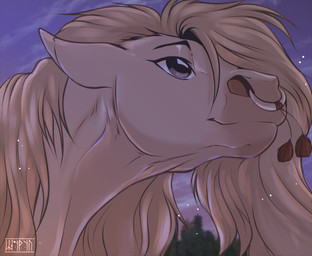 blonde_hair blonde_mane cloud facial_piercing female feral fur grey_eyes hair hors lights mane nose_piercing nose_ring piercing plant ring_piercing sky smile solo sunset tree yellow_body yellow_fur shyryp equid equine mammal absurd_res digital_media_(artwork) hi_res portrait