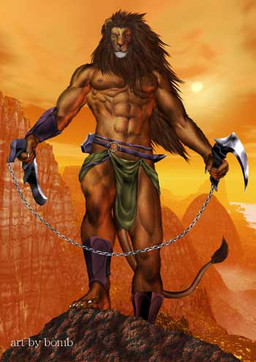 abs anthro biped bottomwear chain clothed clothing cloud front_view hair holding_object holding_weapon knife kusarigama loincloth long_hair looking_at_viewer male mane melee_weapon mountain muscular muscular_anthro muscular_male nipples outside pecs sky solo standing sun tail topless weapon bomb_(artist) felid lion mammal pantherine low_res