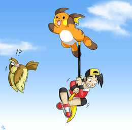 beak cloud exclamation_point feathered_wings feathers feral flying group interrobang male outside question_mark sky skyscape tail wings the-chu nintendo pokemon avian bird generation_1_pokemon human mammal pidgey pokemon_(species) raichu rodent