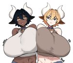 bare_shoulders big_breasts black_ears black_eyes blonde_hair breast_squish breasts breasts_frottage brown_clothing brown_ears brown_shirt brown_topwear clothing collar cowbell dark_body dark_skin duo eye_contact female hair horn huge_breasts looking_at_another midriff motion_lines navel open_mouth pouting shirt short_hair simple_background squish topwear white_background white_clothing white_horn white_shirt white_topwear yellow_eyes wozzu1 animal_humanoid bovid bovid_humanoid bovine bovine_humanoid cattle_humanoid human humanoid mammal mammal_humanoid hi_res