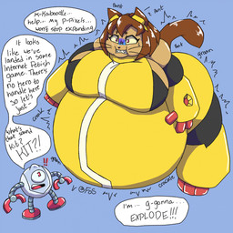 1_eye ambiguous_fates anthro belly big_belly big_breasts big_butt bodily_fluids body_expansion breasts breath brown_hair bursting butt cat_tail clenched_teeth clothing creaking creaking_belly duo exclamation_point female groan groaning_belly hair huge_belly hyper hyper_belly implied_popping inflation machine male male/female obese overweight panicked_look panicking panting pink_eyes shaking simple_background speech_bubble stretching sweat sweatdrop teeth text trembling yellow_clothes yellow_clothing falloutsheppy gameoverse glitch_productions kaboodle_(gameoverse) kit_bodega felid feline mammal robot 1:1 english_text hi_res