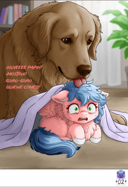ambiguous_feral ambiguous_gender baby_talk bedding blanket blue_hair blue_tail bodily_fluids book brown_body brown_eyes brown_fur brown_nose curtains dialogue duo female female_feral feral fur green_eyes hair hooves inner_ear_fluff licking pink_body pink_fur plant plant_pot potted_plant scared sweat tail tears text tongue tongue_out tuft white_hooves white_inner_ear_fluff young young_female young_feral sorrystickpro fluffy_pony canid canine canis domestic_dog fluffy_pony_(species) mammal 2026 absurd_res digital_media_(artwork) hi_res shaded spanish_text