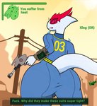 anthro big_butt butt clothing long_tail male red_eyes solo tail text thick_thighs tight_clothing vault_suit weapon white_body unknown_artist fallout microsoft nintendo pokemon fan_character generation_2_pokemon legendary_pokemon lugia pokemon_(species) absurd_res hi_res