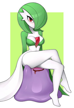 ambiguous_gender blush bodily_fluids breasts crossed_legs drooling duo female genitals green_hair hair hair_over_eye looking_at_viewer medium_breasts not_furry one_eye_obstructed purple_body purple_skin pussy_peek red_eyes saliva sitting sitting_on_another vulva white_body white_skin loodncrood nintendo pokemon ditto_(pokemon) gardevoir generation_1_pokemon generation_3_pokemon humanoid pokemon_(species)