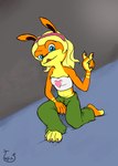 anthro belly blonde_hair blue_eyes breasts cleavage clothed clothing colored_nails female gesture hair hand_gesture kneeling midriff nails navel on_one_knee solo street streetwear v_sign tapixt jak_and_daxter naughty_dog sony_corporation sony_interactive_entertainment tess_(jak_and_daxter) hybrid mammal mustelid ottsel hi_res
