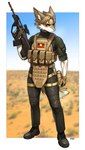 anthro assault_rifle aug_a3 australian_aboriginal_flag band-aid band-aid_on_face band-aid_on_nose bandage bandage_on_face bandage_on_nose blonde_hair bulletproof_vest cheek_tuft clothing f90 facial_tuft flag front_view fur gloves gun hair handwear holster inner_ear_fluff male multicolored_body multicolored_fur pink_nose ranged_weapon red_sclera rifle serious short_hair solo steyr_aug tan_body tan_fur tan_hair tuft two_tone_body two_tone_fur weapon white_body white_fur yellow_eyes pgm300 steyr_arms canid canine mammal 2023 absurd_res hi_res