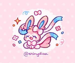ambiguous_gender blush bow_(anatomy) chibi dotted_background eyelashes eyes_closed fangs feral flower_symbol fur open_mouth pattern_background pink_body pink_fur ribbons_(anatomy) simple_background sitting solo sparkles tail teeth shinydiaa nintendo pokemon eeveelution generation_6_pokemon pokemon_(species) sylveon 2026 signature