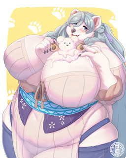 absolute_territory anthro bare_shoulders big_breasts black_nose blue_eyes blush border breasts cleavage clothed clothing curvy_figure dessert dress eyebrow_through_hair eyebrows eyelashes fangs female female_anthro food food_on_breasts fur grey_hair hair huge_breasts huge_thighs ice_cream ice_cream_on_breasts looking_at_viewer mole_under_eye overweight overweight_anthro overweight_female solo standing teeth thick_thighs translucent translucent_hair voluptuous voluptuous_anthro voluptuous_female white_body white_border white_clothing white_dress white_fur wide_hips sasanoha6011 bear mammal polar_bear ursine absurd_res hi_res