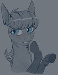 blue_eyes blush cherry clothing ear_piercing female feral food fruit hooves legwear piercing plant quadruped simple_background solo stockings stray_prey friendship_is_magic hasbro my_little_pony ms._harshwhinny_(mlp) earth_pony equid equine horse mammal pony portrait restricted_palette