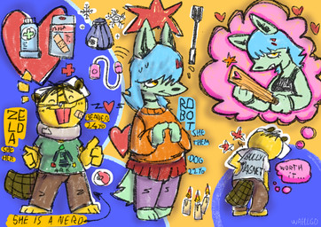 abstract_background band-aid bandage blue_hair bottomwear candle clothing duo egg_vibrator female female/female fur green_body green_fur hair heart_symbol ice_bag medicine neck_brace paddle pokeball sex_toy skirt speech_bubble standard_pokeball star_symbol text text_on_clothing vibrator whip yellow_body yellow_eyes yellow_fur wahlgo ark_survival_(series) nintendo pokemon robot_(wahlgo) zelda_(wahlgo) beaver canid canine canis domestic_dog mammal rodent