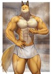 abs anthro barazoku male mature_anthro mature_male muscular sauna solo towel yukihoshiak odd_taxi fuyuki_yamamoto_(odd_taxi) canid canine fox mammal absurd_res hi_res