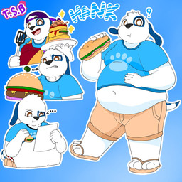 anthro apron backwards_baseball_cap backwards_hat baseball_cap belly big_belly blue_background blue_clothing blue_shirt blue_spot blue_topwear bottomwear brown_eyes burger clothing cooking crop_top dismayed eating ellipsis food footwear fur gradient_background hat headgear headwear khaki_shorts looking_at_paper looking_at_viewer male multicolored_body multicolored_fur obese obese_anthro obese_male overweight overweight_anthro overweight_male paper question_mark reading_paper sandals sandwich_(food) shirt shoes shorts simple_background solo sparkles spatula text tools topwear white_body white_fur wanbohkerias talking_tom_and_friends talking_hank 1:1 character_name hi_res
