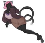 anthro bottomwear breasts clothed clothing female hair hand_on_face jacket jewelry necklace pink_hair shorts simple_background smile solo teeth topwear yellow_eyes nikumu nueva_delcatte domestic_cat felid feline felis mammal absurd_res hi_res