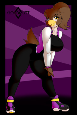 anthro athletic athletic_anthro athletic_female beak big_breasts biped black_clothing bodysuit breasts brown_body brown_hair clothed clothed_anthro clothed_female clothing female fingers footwear front_view geometric_background hair humanoid_hands jacket long_hair looking_at_viewer multicolored_body non-mammal_breasts open_clothing open_jacket open_topwear pink_clothing pink_jacket pink_topwear pose shoes simple_background skinsuit smile solo tail tan_body text tight_clothing topwear two_tone_body yellow_eyes kloudmutt avian bird 2023 2:3 artist_name colored hi_res shaded watermark