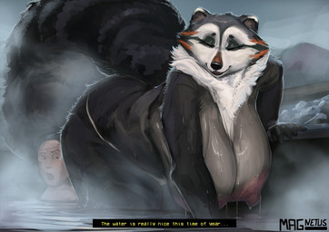 anthro big_breasts big_tail black_body black_fur breasts duo female fur hair huge_breasts huge_tail male male/female nipples partially_submerged swimming_pool tail text white_body white_fur magnetus canid canine human mammal raccoon_dog tanuki english_text hi_res