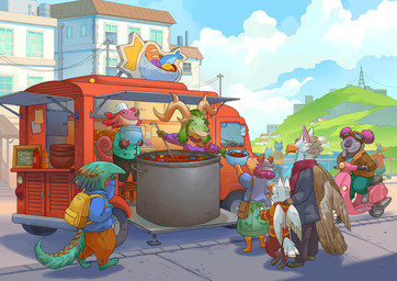 anthro antlers barefoot bottomwear bowl brown_body brown_feathers building chef_hat clothing commercial_vehicle container day delivery_(commerce) delivery_vehicle detailed_background eyewear feathers feet female food food_truck furniture goggles green_body group hair hat headgear headwear hill holding_bowl holding_container holding_object horn male medium_truck motorcycle multi-stop_van outside pants pink_body pink_hair sidewalk sign smile soup standing stool store tail truck van vehicle walking young young_anthro sandara critter_kitchen mythology amphibian anteater avian axolotl deer gryphon koala mammal marine marsupial mole_salamander mythological_avian mythological_creature pilosan salamander vombatiform xenarthran 2025 official_art