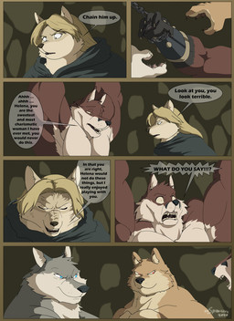 anthro armor big_muscles blonde_hair blue_eyes bound bracers cave chain chained cloak clothed clothing dialogue female fur glowing glowing_eyes grey_body grey_fur group hair huge_muscles male multicolored_hair muscular muscular_anthro muscular_male open_mouth orange_body orange_fur red_body red_eyes red_fur speech_bubble submissive submissive_male teeth text two_tone_hair white_body white_fur xxsparcoxx grael_(xxsparcoxx) helena_(xxsparcoxx) kraso_(xxsparcoxx) teofacio_larna canid canine canis fox mammal red_fox true_fox wolf 2020 comic digital_media_(artwork) english_text hi_res