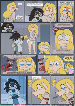 anthro asylum blush diaper doctor duo female female/female horn hospital medical patient restraints straitjacket the_padded_room mythology esmeralda_kingsley ludivine_laminelle canid canine equid equine mammal mythological_creature mythological_equine procyonid raccoon unicorn absurd_res comic hi_res