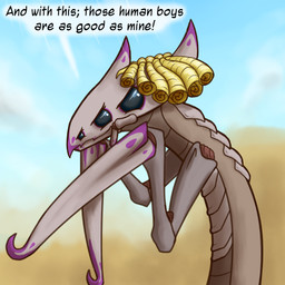 blurred_background bodypaint claws curly_hair dialogue eyelashes female feral hair multi_eye outside rubbing_hands scales scheming serpentine smile smirk solo speech_bubble text ventral_scales wig badday_(artist) kuldra_(oop) baxxid 1:1 english_text