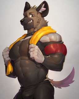 abs anthro barazoku big_ears bodily_fluids bottomwear brown_body brown_fur bulge clothing fur grey_body grey_fur looking_at_viewer male muscular muscular_arms muscular_male pecs raised_tail shorts side_view solo spots suit sweat tail tight_clothing towel towel_around_neck underbite vorusuarts aggretsuko sanrio haida_(aggretsuko) hyena mammal spotted_hyena 4:5 absurd_res hi_res
